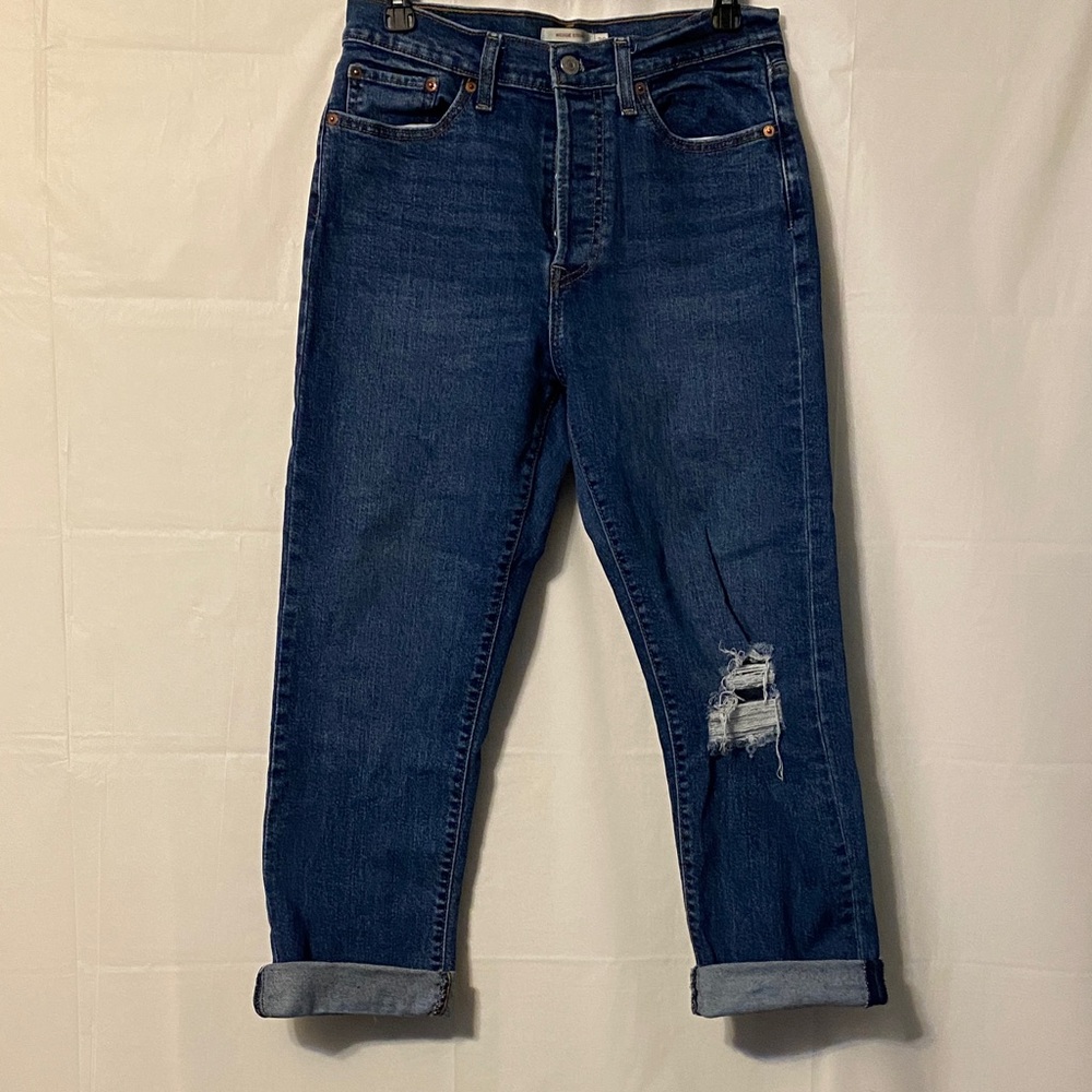 Levi's Wedgie Straight button up. Classic Blue Denim. Raw edge hem.